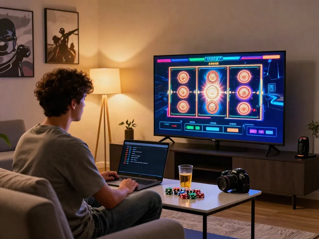 Online gambler enjoying akunjp gaming in a cozy modern living room