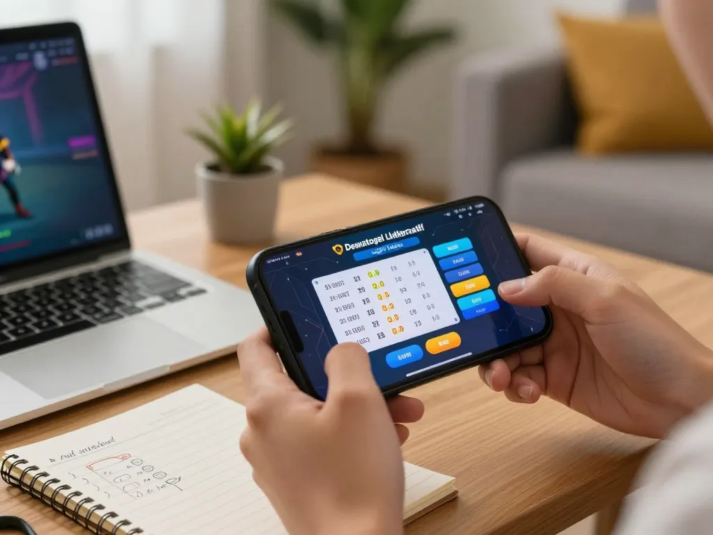 Dewatogel Link Alternatif Login Terbaru displayed on a smartphone in a cozy home gaming setup.