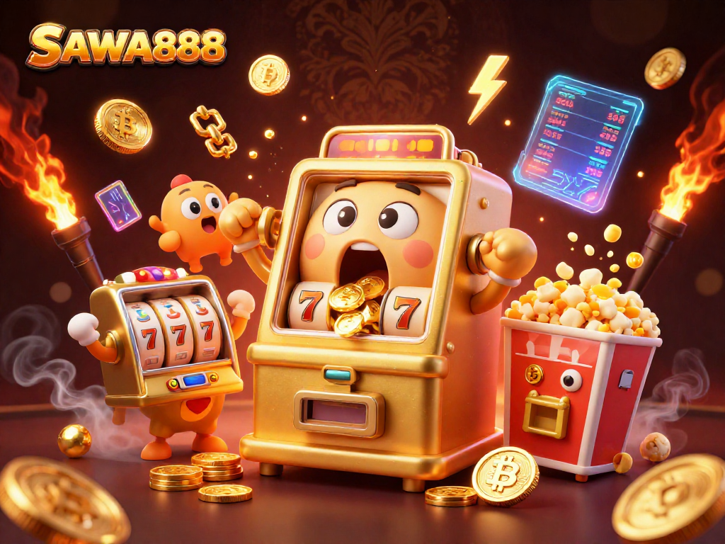 SAWA888 showcases a vibrant scene with a golden slot machine hitting a jackpot surrounded by cheering baby slots.