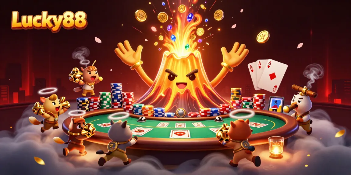 Engage with Lucky88's vibrant casino scene featuring an animated golden volcano eruption.