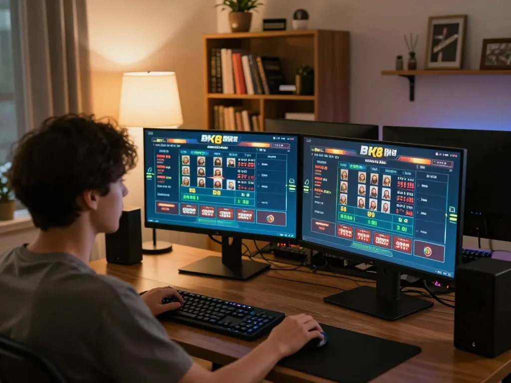 Experience the thrill of BK8 online casino games from a stylish home setup, focusing on strategy and betting.