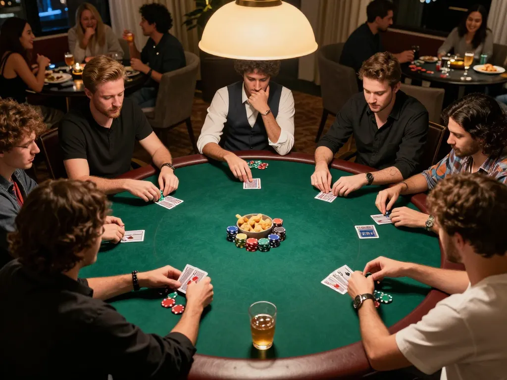 MMOO players engaging in an intense poker game with vibrant chips and cards.