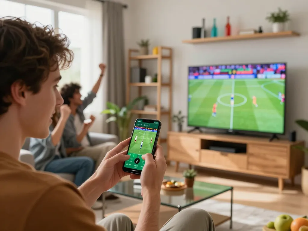 Excited player using TIP88 app for real-time sports bets while cheering friends surround them