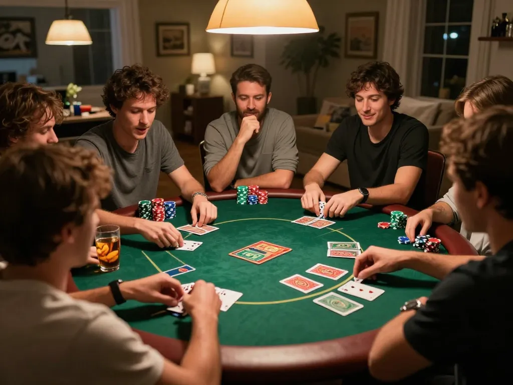 Exciting home poker night with friends analyzing hands and chips, showcasing casino fun with link domino88.