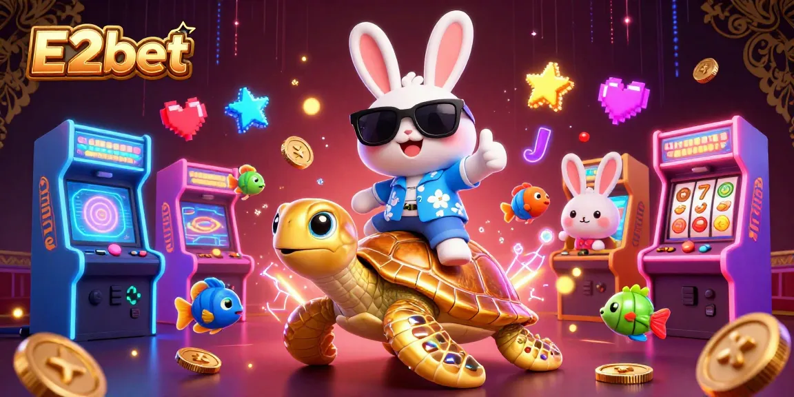 E2bet bright illustration of a lucky rabbit celebrating with a golden turtle, surrounded by vibrant gaming elements.