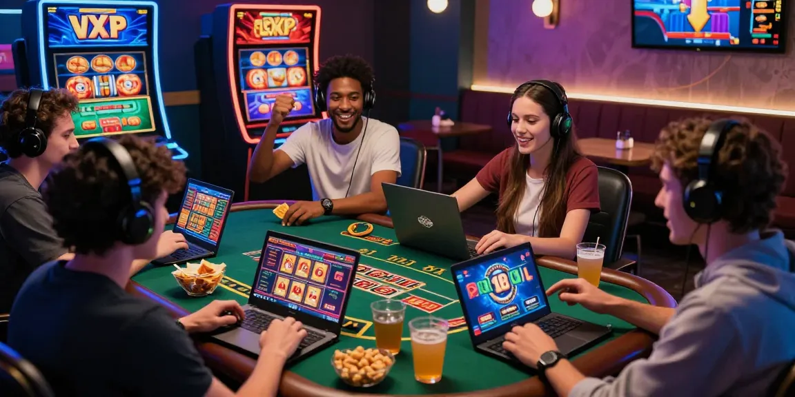 Exciting scene of players experiencing new online casinos with vibrant games, celebrating wins surrounded by modern decor.