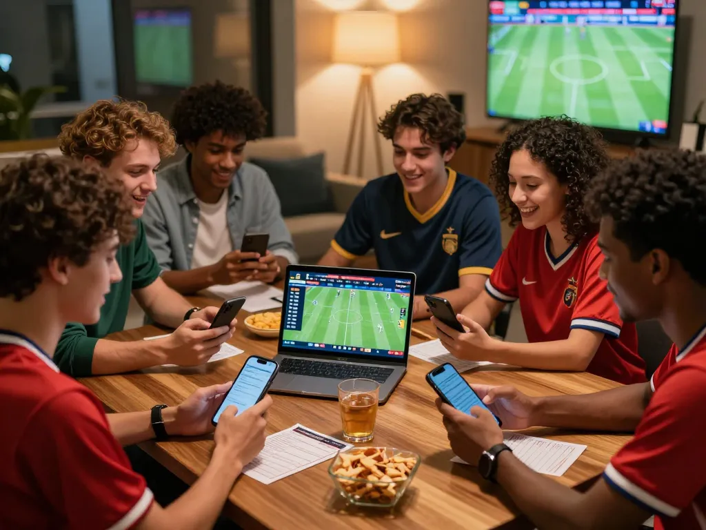 Engaged friends placing bets on fabet while watching live sports in a cozy setting.