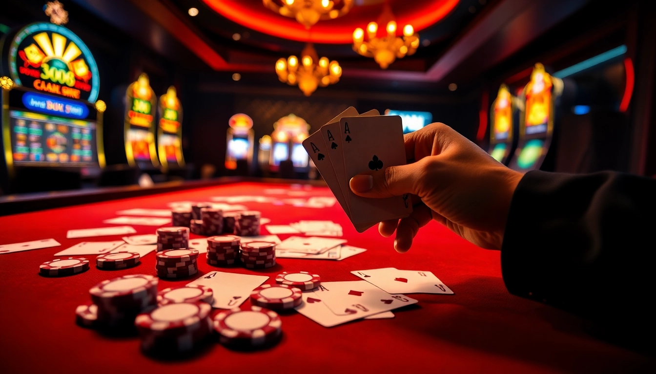 Jun88 casino table featuring vibrant poker chips and a winning hand of cards.