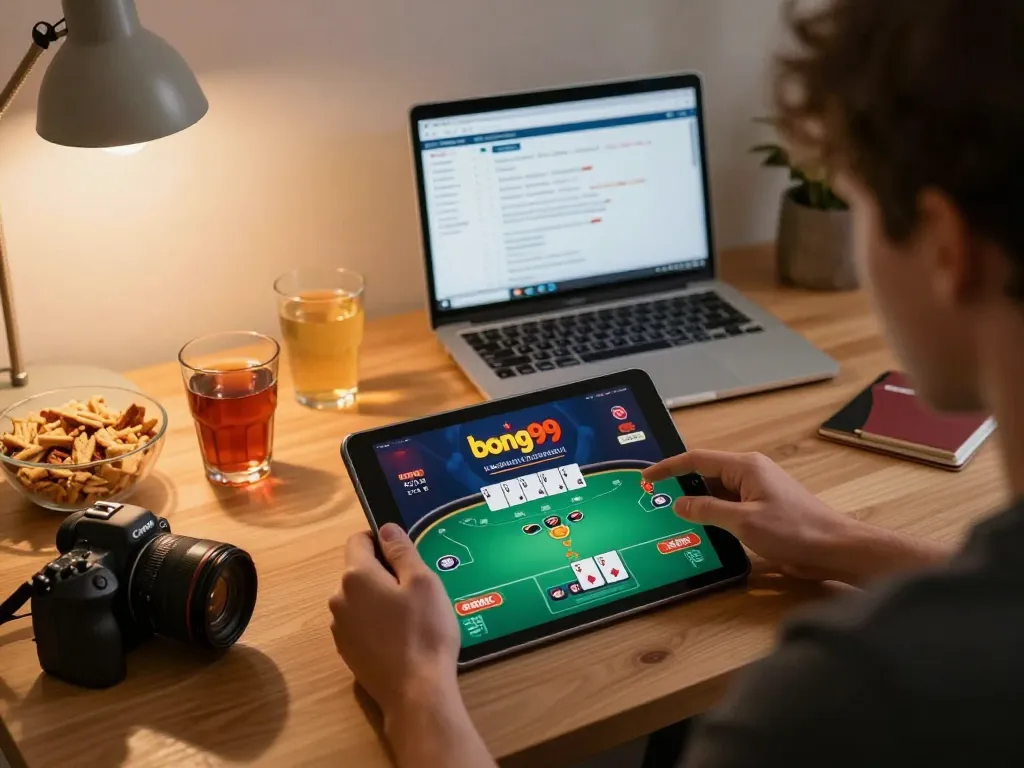 Player engaging with the bong99 casino app on a tablet in a cozy home setup.