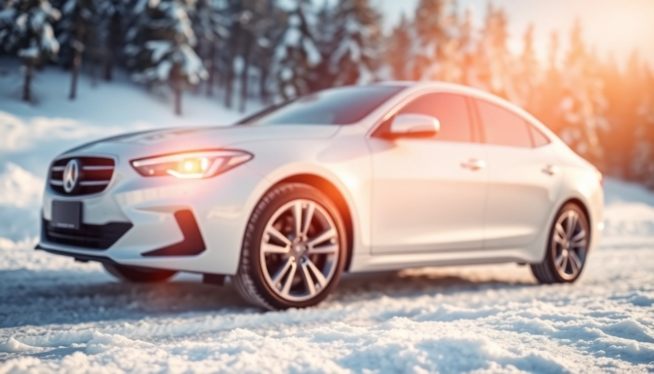 Showcasing PPF winter road salt protection on a vehicle in a snowy landscape.