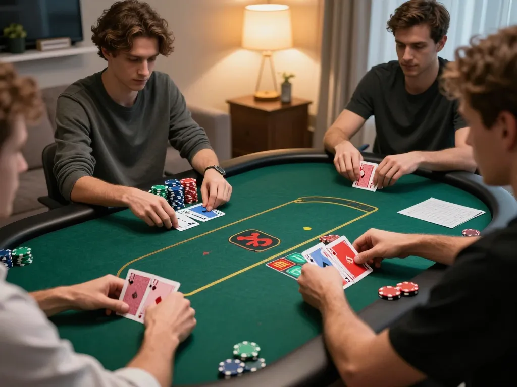 Players engaging in an online poker game at home using 8xbet interface, showcasing strategy and excitement of gambling.