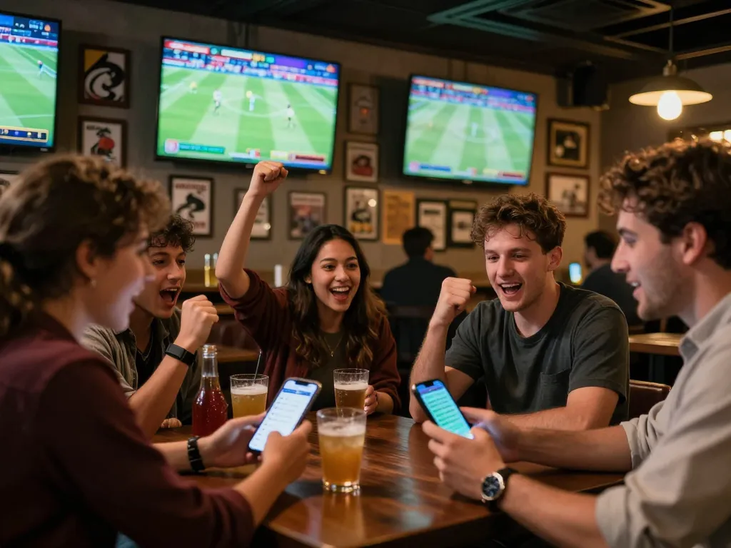 Exciting sports betting environment at Lu88 where friends analyze odds and celebrate wins.