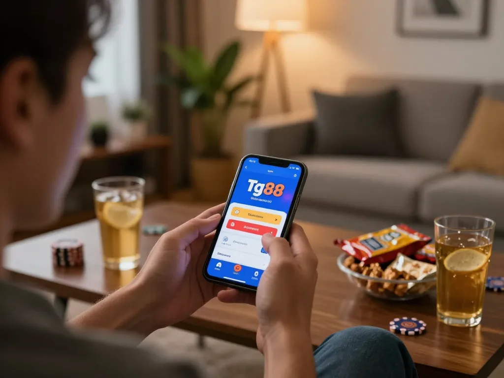 Engaging in online gaming using Tg88 link on smartphone in a cozy home setting.