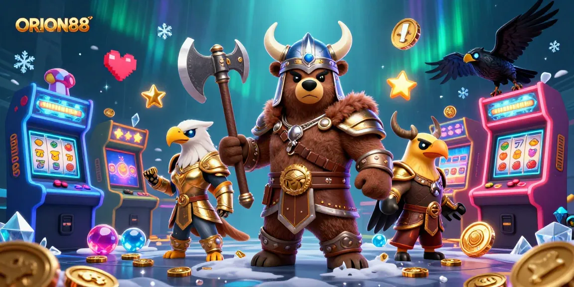 Engage with ORION88's vibrant casino world featuring playful characters among dynamic gaming elements.