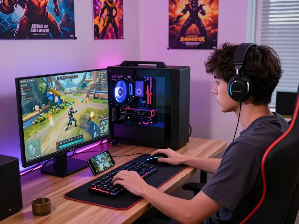 Player immersed in sun win gaming experience with colorful peripherals and vibrant gaming room atmosphere.
