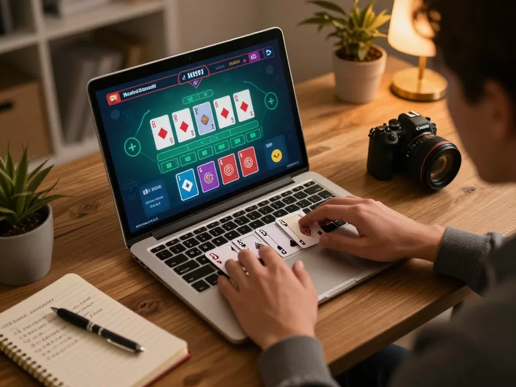 Player strategizing during an online blackjack game on 3win, showcasing a cozy gaming setup.