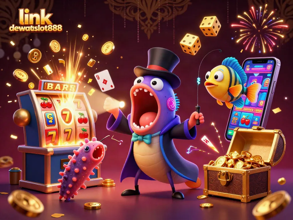 Menangkan jackpot memukau di link dewataslot888 dengan ilustrasi 3D ikan gulper, mesin slot, dan lebih banyak elemen bertema kasino.