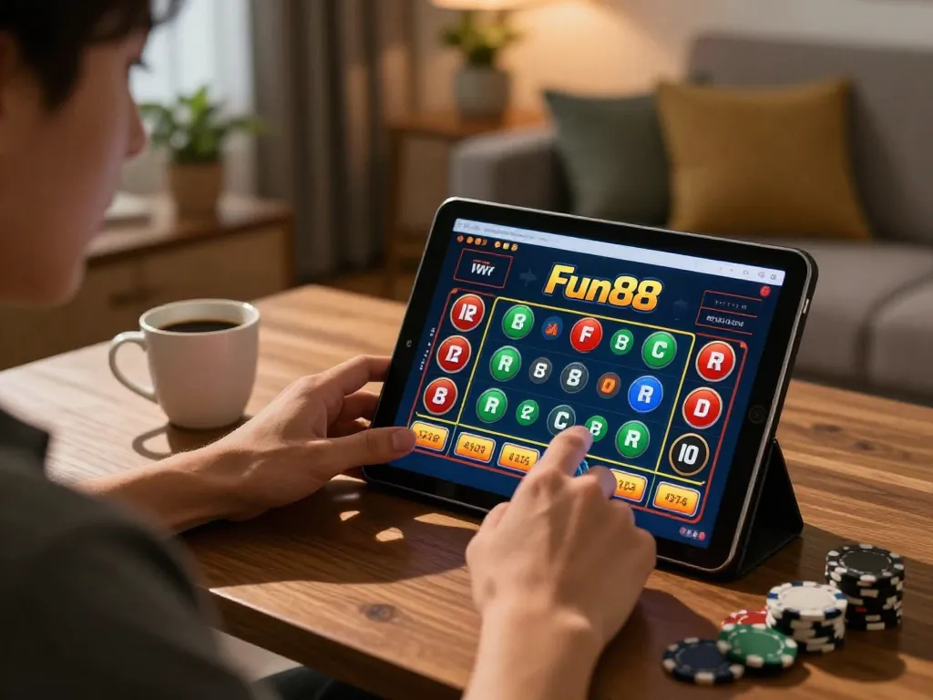 Player analyzing strategy on Fun88 online casino in a cozy home setting