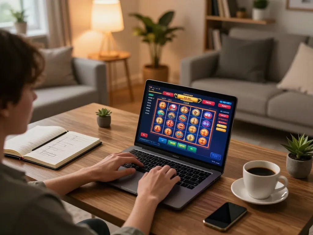 Engaging online gaming scene showcasing Nk88 win strategy on a laptop with vibrant slot visuals and personal space ambiance.