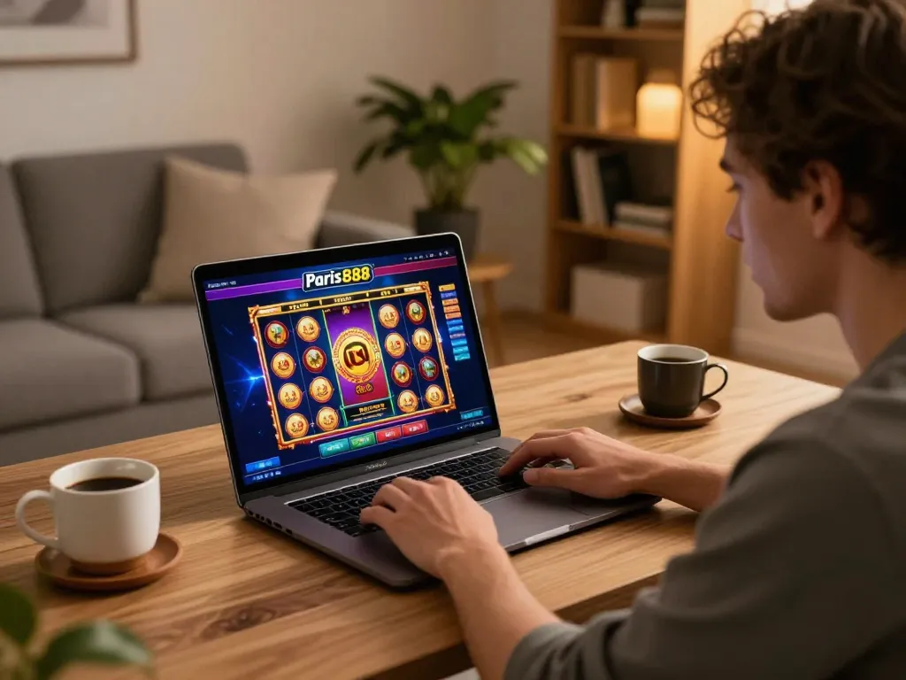 Play action on Paris888 slot games from a cozy home office setup with vibrant display and warm ambiance.