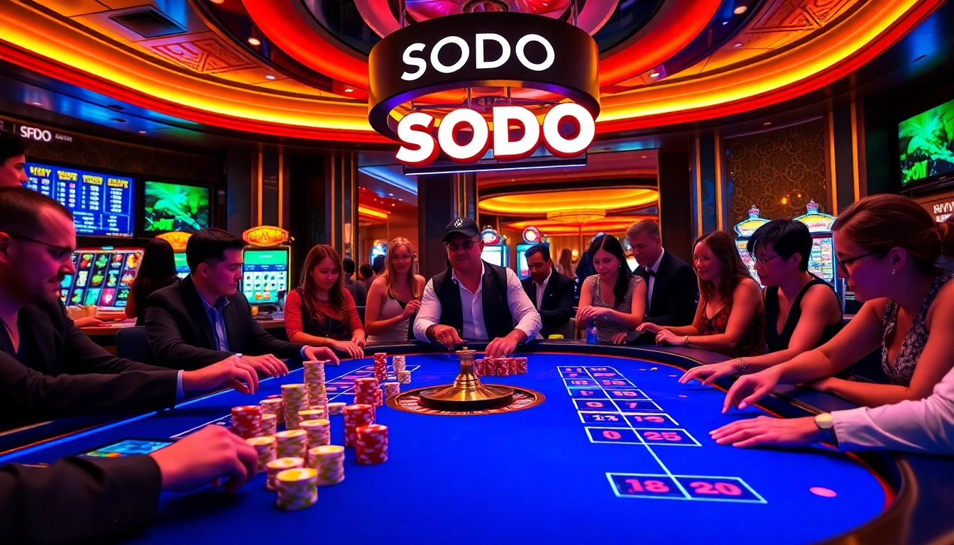 SODO casino scene showcasing excited gamblers at poker tables amid vibrant lights and luxury ambiance.