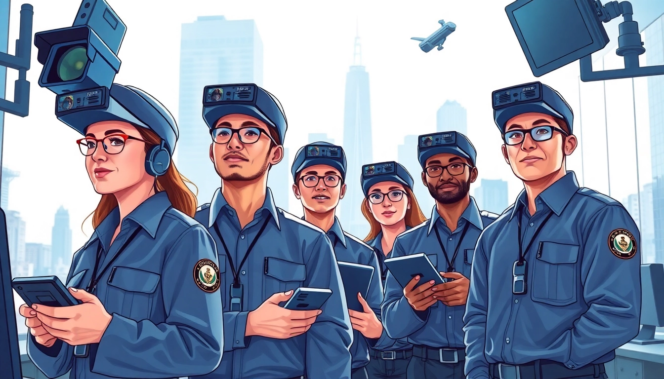 Security agency team utilizing advanced technology in a professional urban environment.