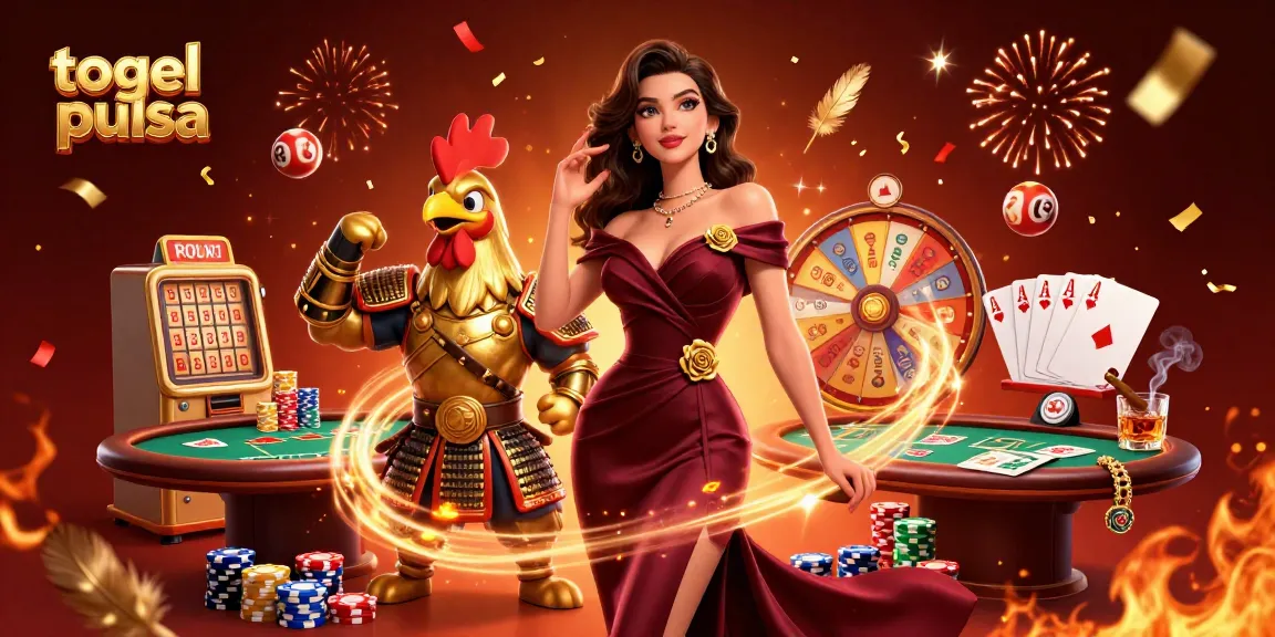 Engage in togel pulsa with a dazzling casino scene featuring a glamorous woman and a golden rooster warrior.