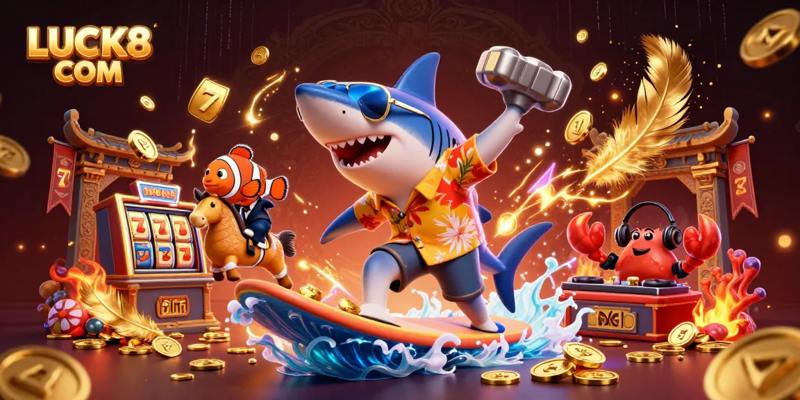 Engage with LUCK8 COM's vibrant gaming world, featuring animated characters surfing on gold coins while enjoying thrilling slot action.