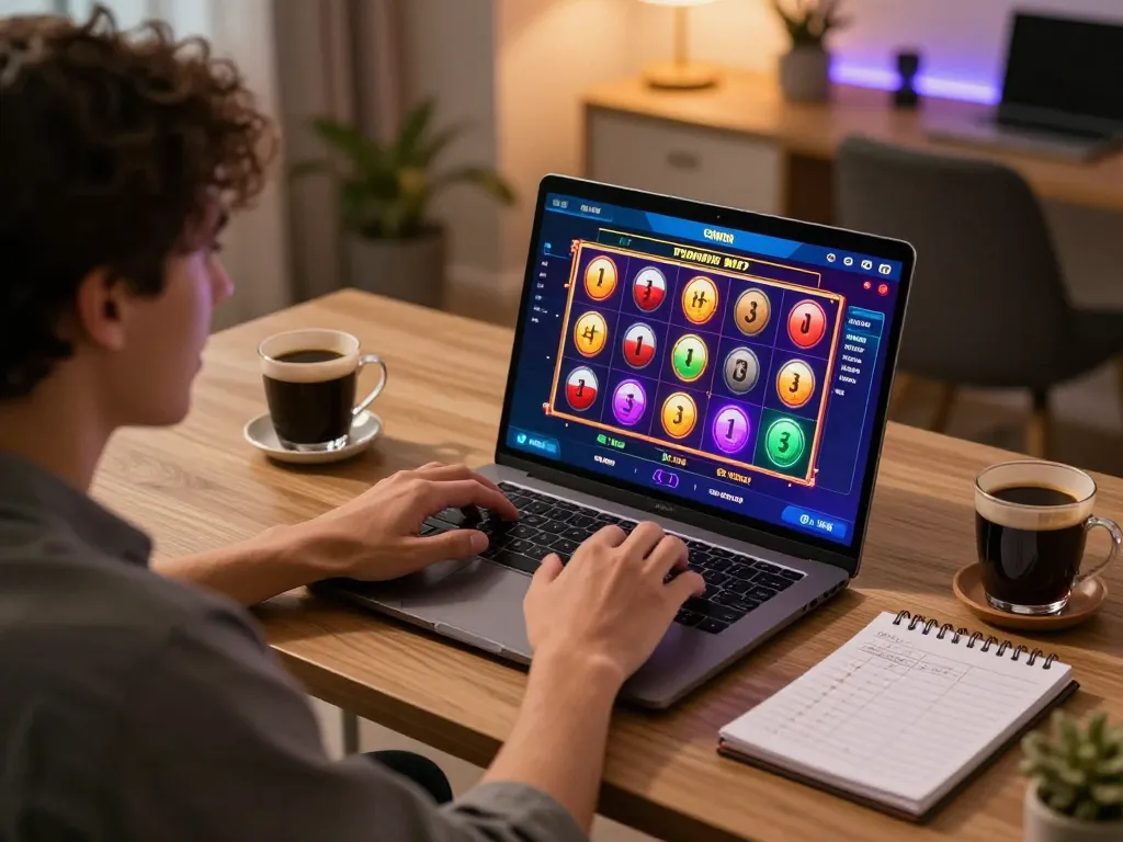 Excited player enjoying 68win casino games on laptop at home, displaying slots and strategy notes.