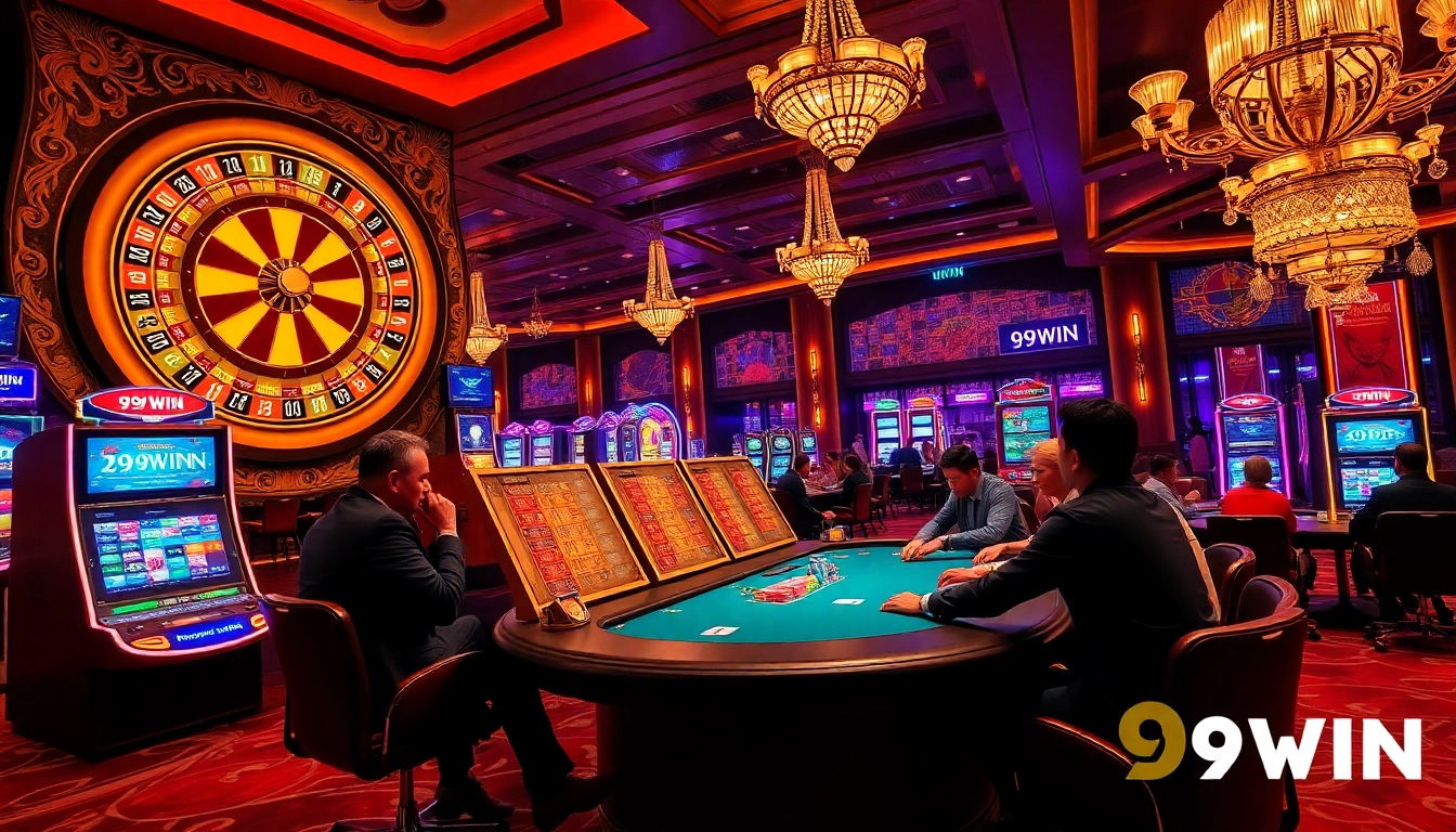 Exciting gamblers at a lavish 99WIN casino table amid a luxurious setting.