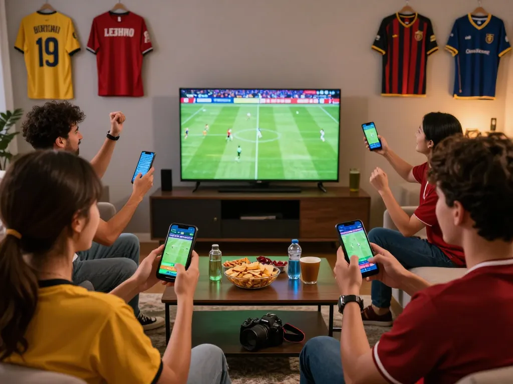 Friends celebrating a winning bet on XO88 while watching a football match, showcasing an exciting sports betting environment.
