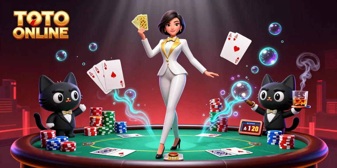 TOTO ONLINE showcases an engaging poker scene with a glamorous dealer handling cards beside a tuxedo cat.