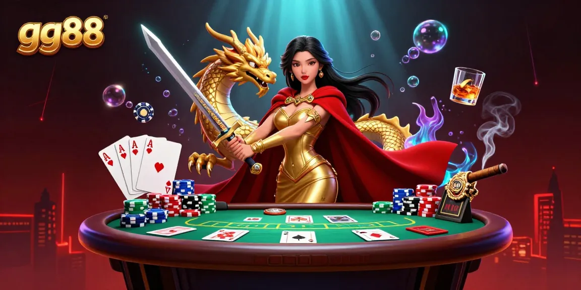 Engage in thrilling gameplay at gg88 with dynamic casino elements and a stunning warrior queen illustration.