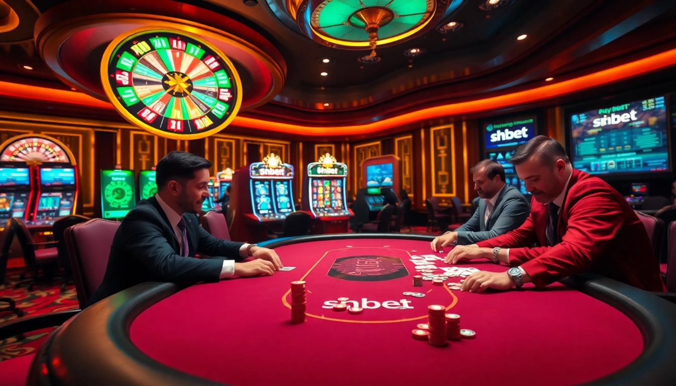 Experience the thrill of shbet in a vibrant online gambling environment with poker tables and colorful chips.