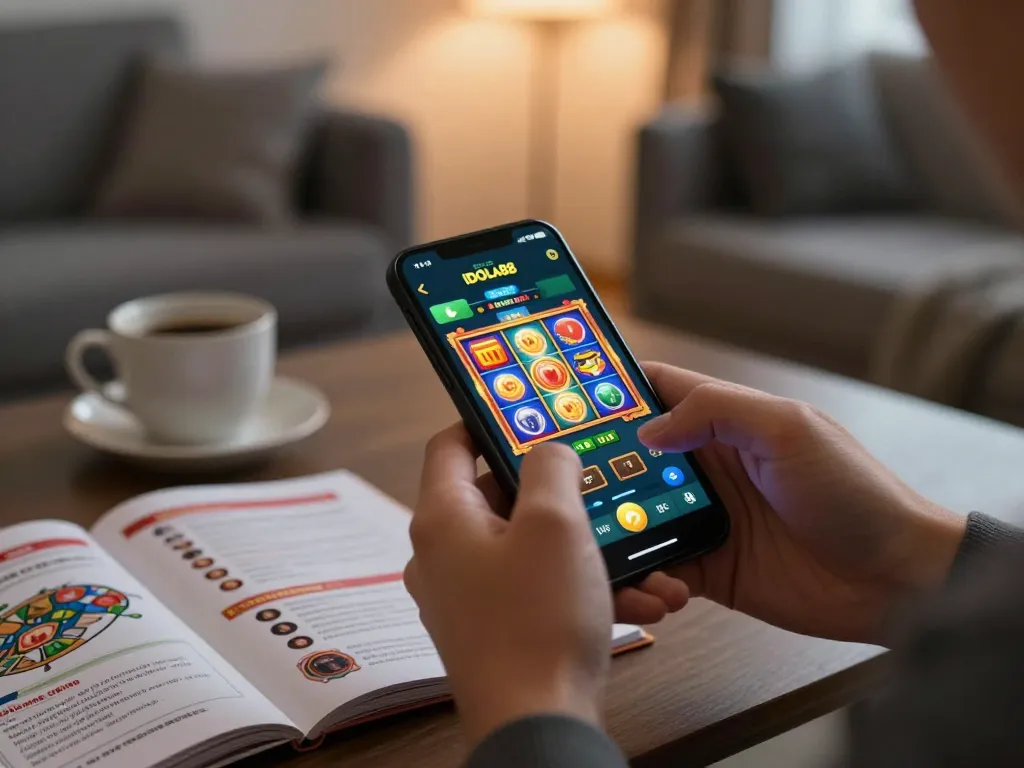 Bermain IDOLA88 di aplikasi mobile dengan slot berwarna-warni di ruang tamu yang nyaman.