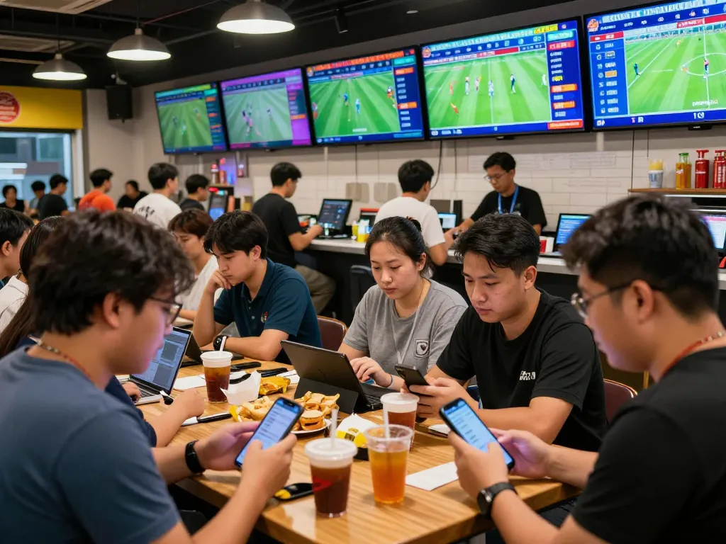Customers engaging at a lively betting shop analyzing kèo nhà cái with live match odds displayed on screens.