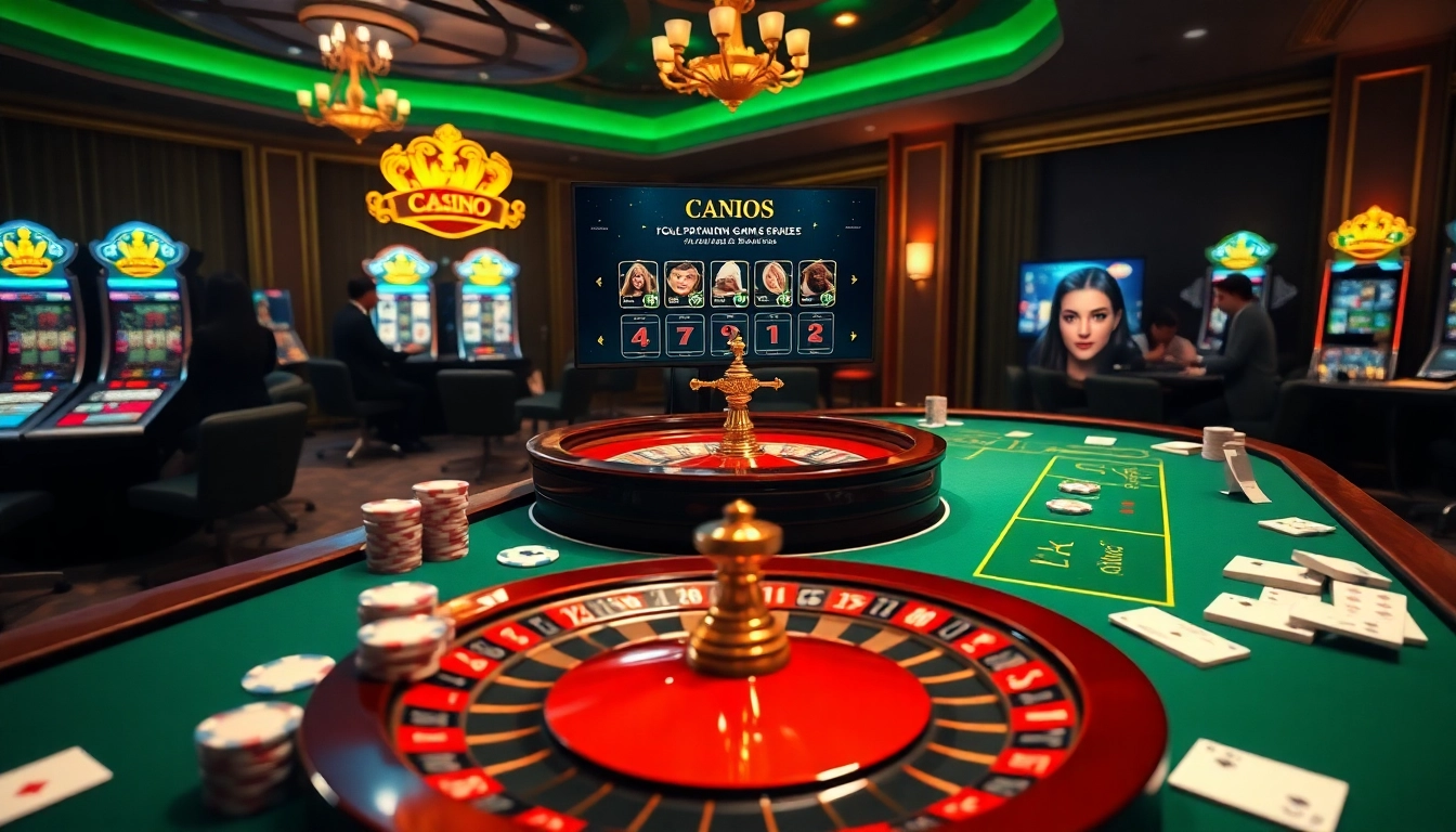 Exciting game bài đổi thưởng scene with poker chips and roulette wheel captivating players.