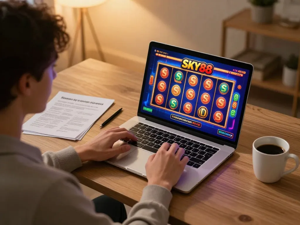 Player enjoying SKY88 online slots on laptop in a cozy home office.