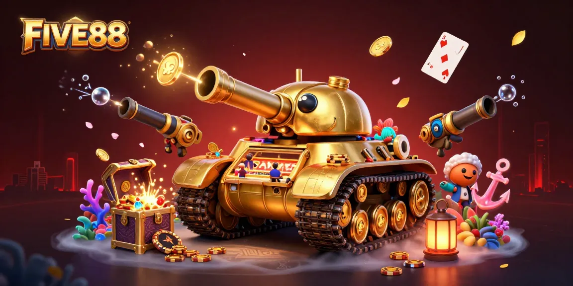 Engage with FIVE88 at a vibrant mini-casino featured in a golden tank, bursting with excitement.