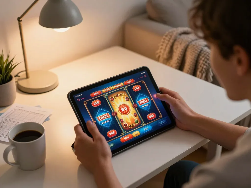 Player enjoying the to288 platform for online togel and slots, showcasing a cozy home gaming experience.