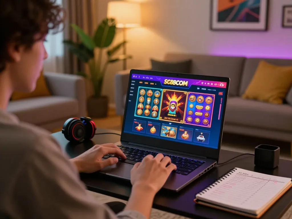 Engaged player exploring SC88COM online casino games on a stylish laptop at home