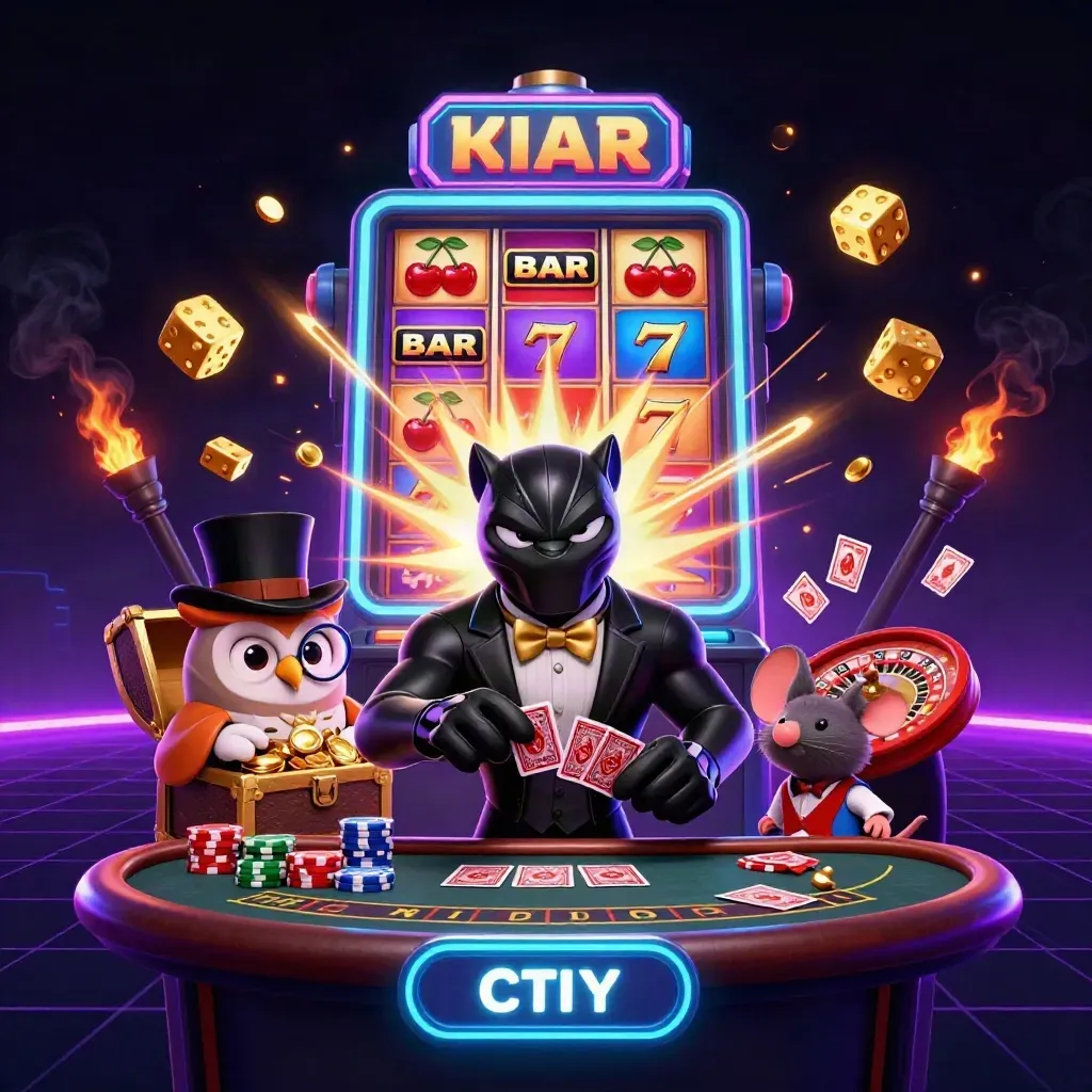 Panther, owl and mouse amid jackpot slot burst, gold, neon glow, treasure and casino lights