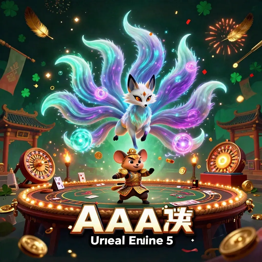 Neon nine-tailed fox spirit and samurai mouse amid casino treasure and temple lights