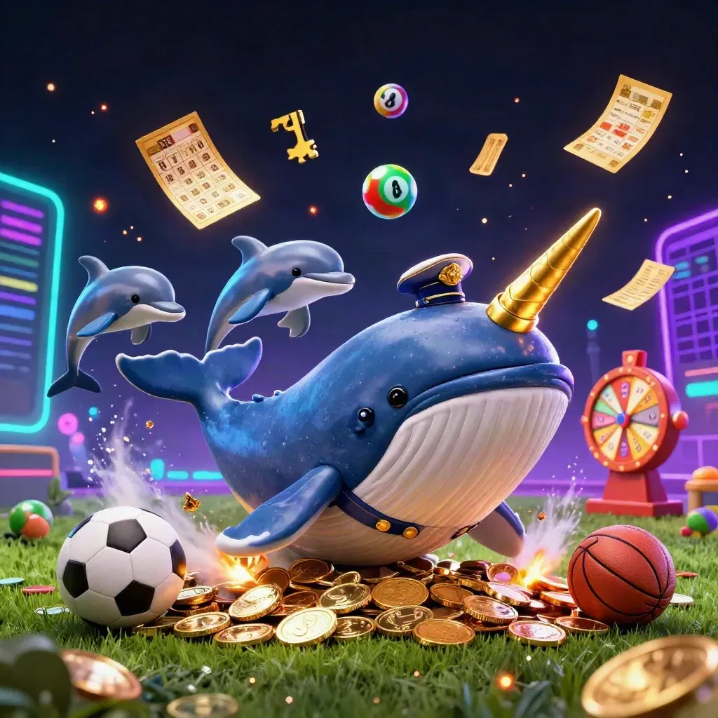 Whale captain, narwhal, dolphins, coins, lottery balls, wheel, and sports balls in neon casino motion.