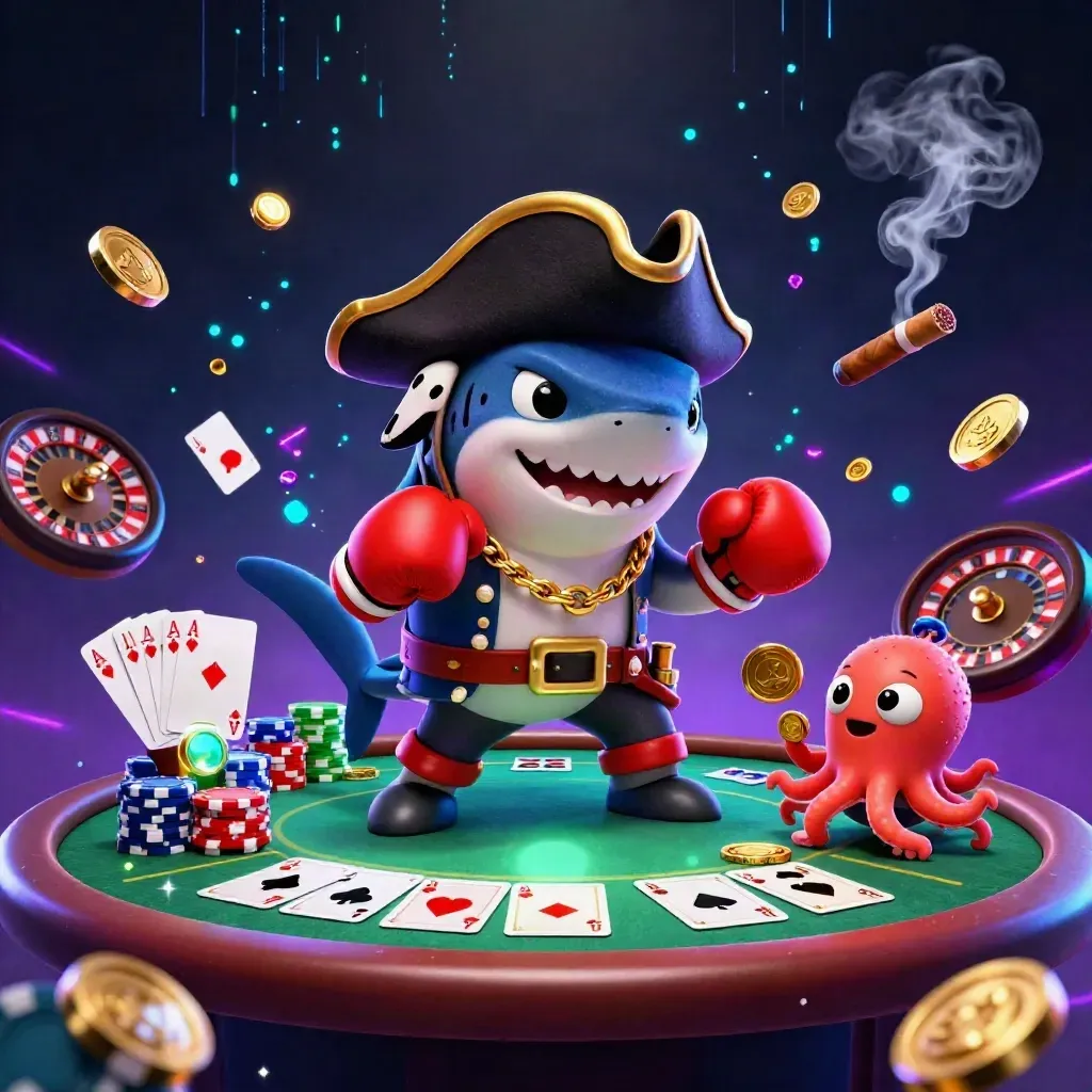 Pirate shark, pufferfish and octopus over a neon casino table with chips, cards and glowing lights.
