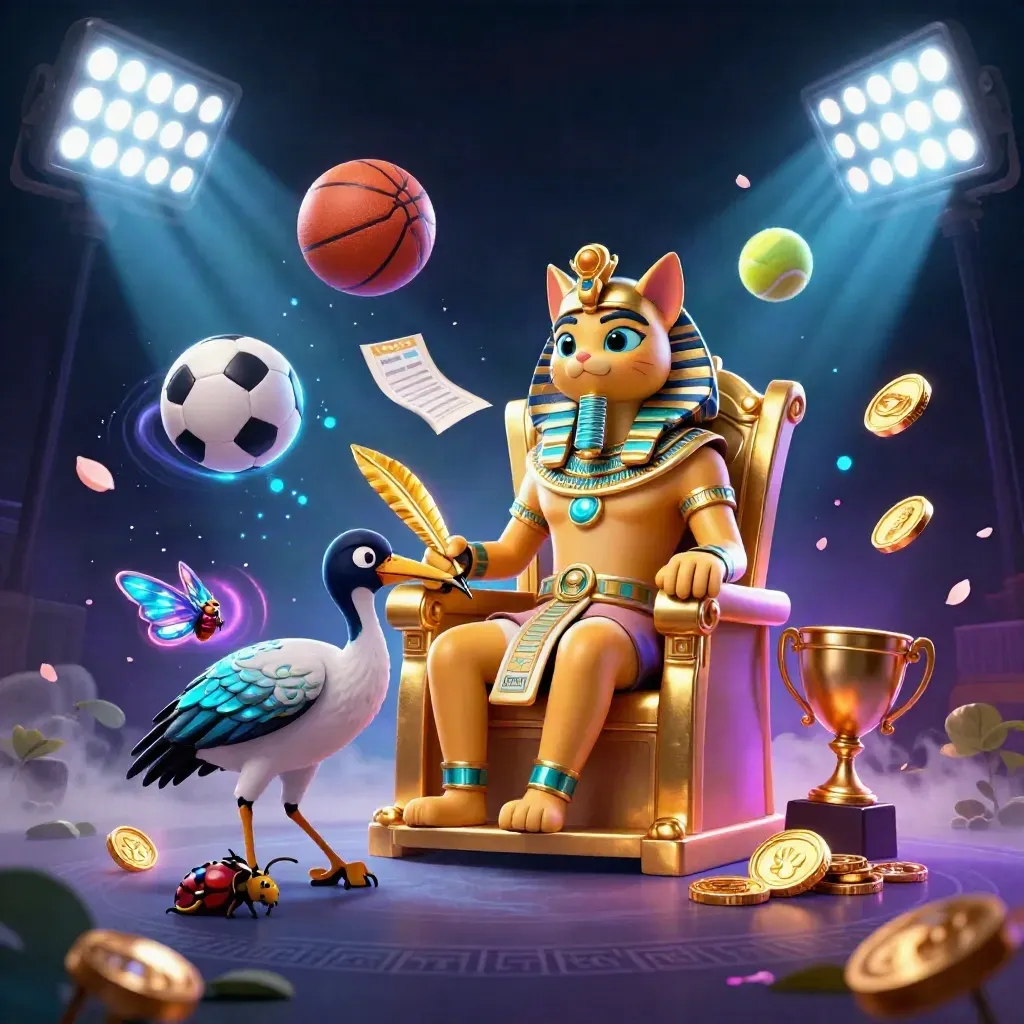 Pharaoh cat, ibis scribe, and scarabs amid flying balls, coins, and neon casino lights.