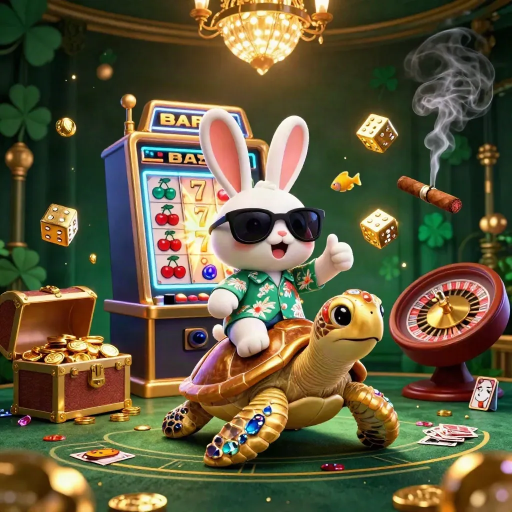 Lucky rabbit rides a golden sea turtle amid casino burst effects and neon luxury.