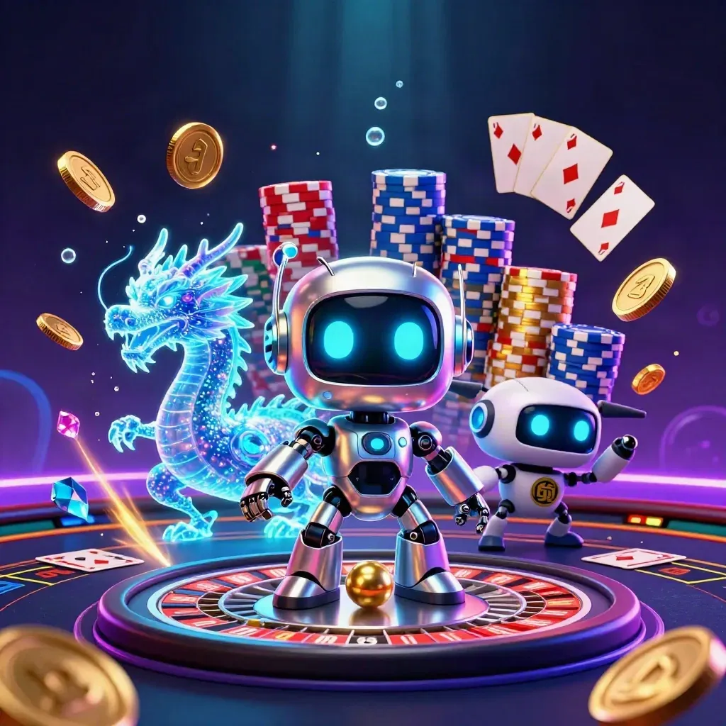 Cyberpunk robot, holographic dragon, and coin drone amid casino gold, neon glow, and spinning roulette wheel
