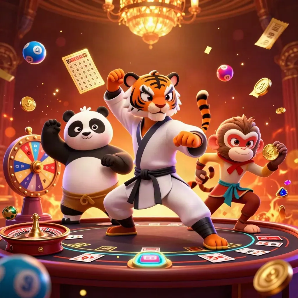 Tiger, panda, and monkey in a neon casino blast of gold, cyan, and purple.