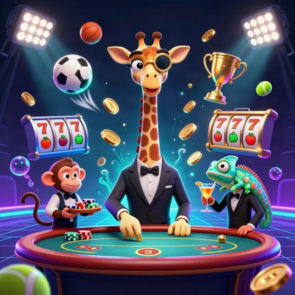 High-roller giraffe, monkey valet, and chameleon bartender in neon casino chaos.